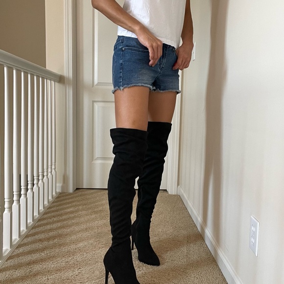 Black faux suede over the knee boots - black faux suede stiletto heels boots - Picture 4 of 9